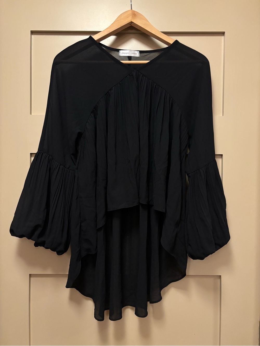 GIORGIA & JOHNS Pleated Bell Sleeve Sheer Blouse High Low Hem A-Line V Italian